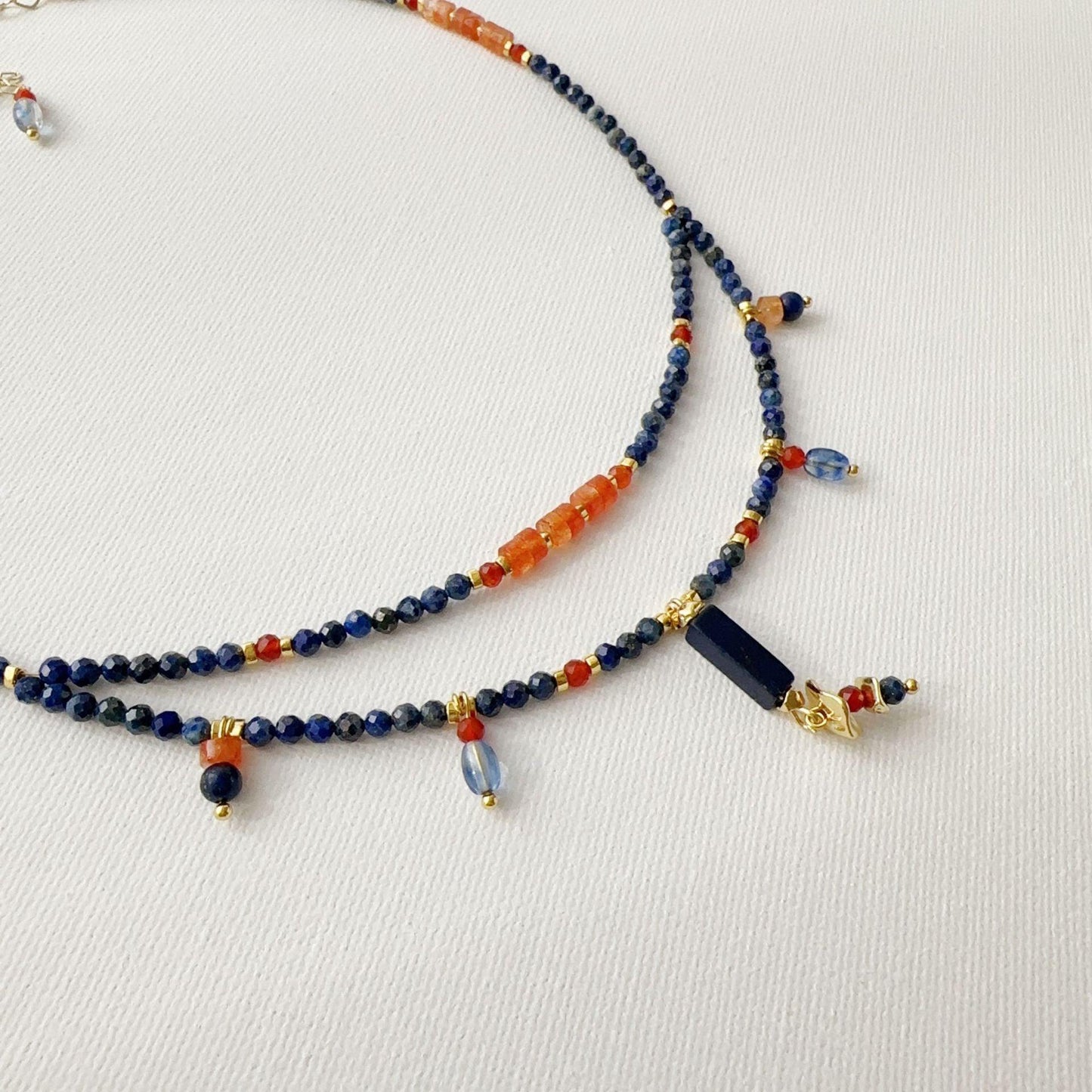 Orange Garnet Lapis Lazuli Agate Dunhuang Double-Layer Natural Stone Beaded Necklace - Ink Wash Style Neck Chain