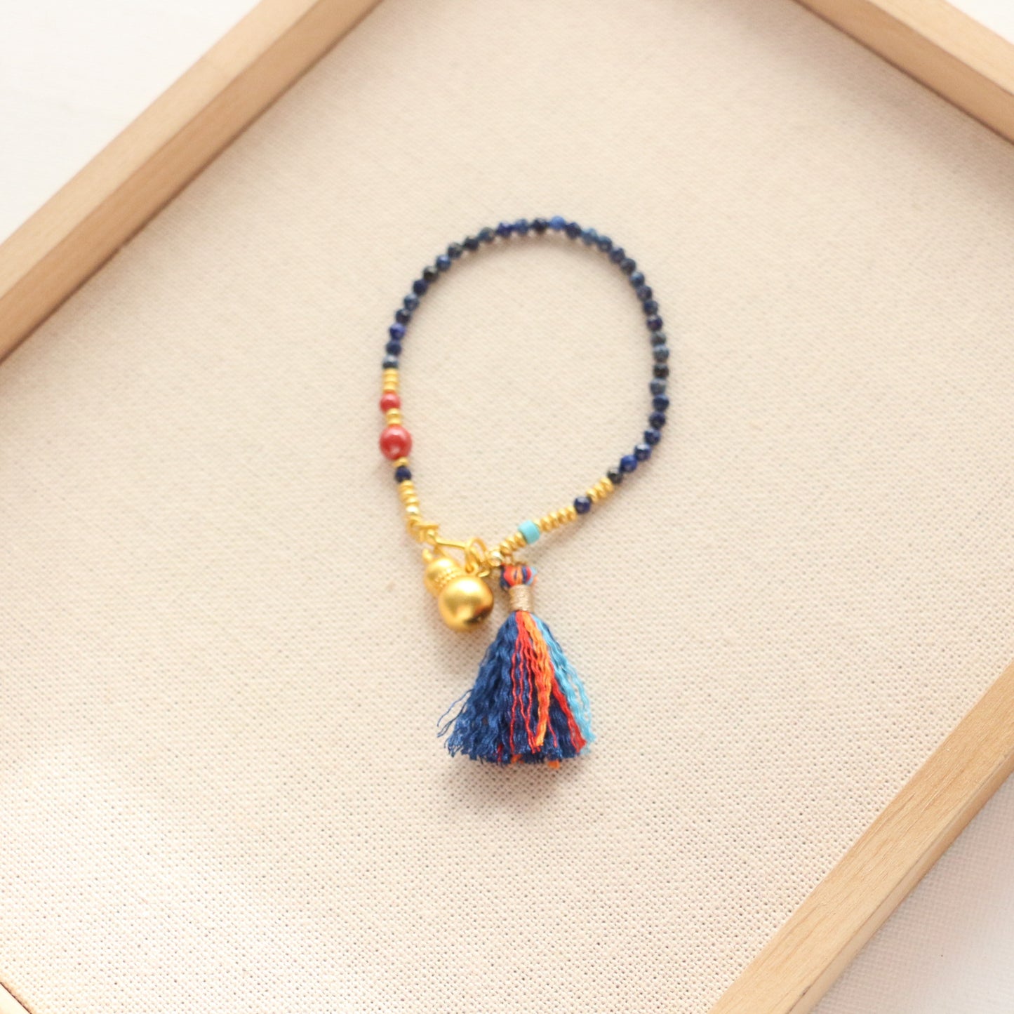 Vintage Lapis Lazuli String Minimalist Sand Gold Gourd Handmade Tassel Necklace