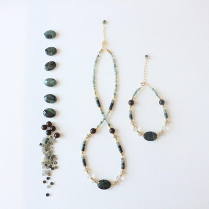 Natural Quail Stone & White Crystal East Timor Shimmering Stone Bead Necklace – Water Grass Agate Clavicle Chain & Bracelet Set