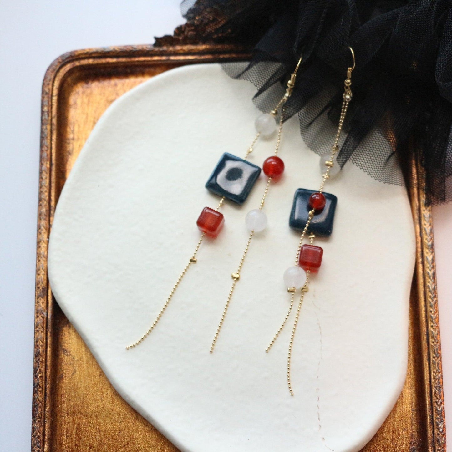 Elegant Blue Ceramic Beads with 7A Grade Red Agate and White Jade Long Tassel Vintage Earrings