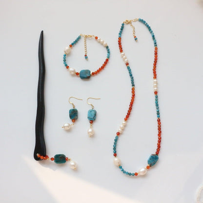 Dunhuang Color Natural Stone Blue Phosphorus & Gray Pearl Necklace, Earrings, Hairpin, Bracelet & Ring Collection