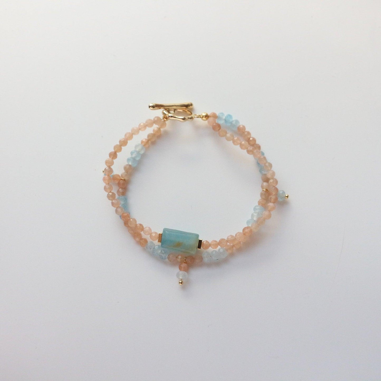 Aquamarine Blue Calcite & Sunstone Double Layers Necklace & Bracelet – Natural Stone Beaded Jewelry