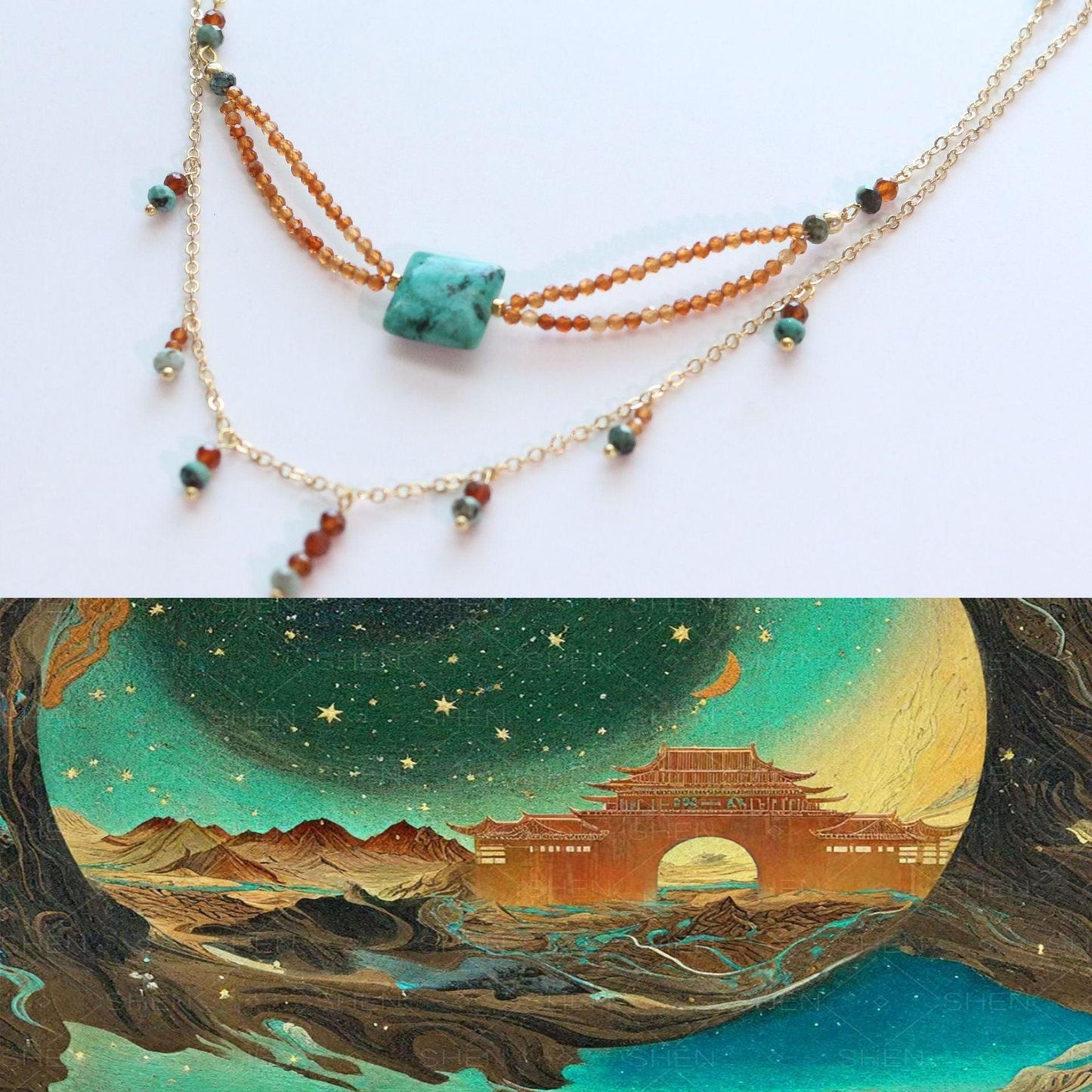 Unique Layered Orange Garnet Beaded Necklace - Dunhuang Style Fashionable Natural Turquoise Choker