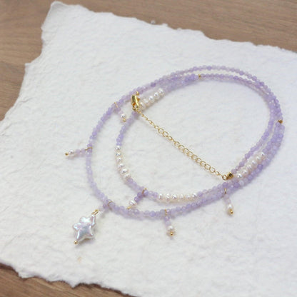 Purple Jade Double Layer Necklace with Natural Freshwater Pearls | Star Pendant Bracelet Ring Set