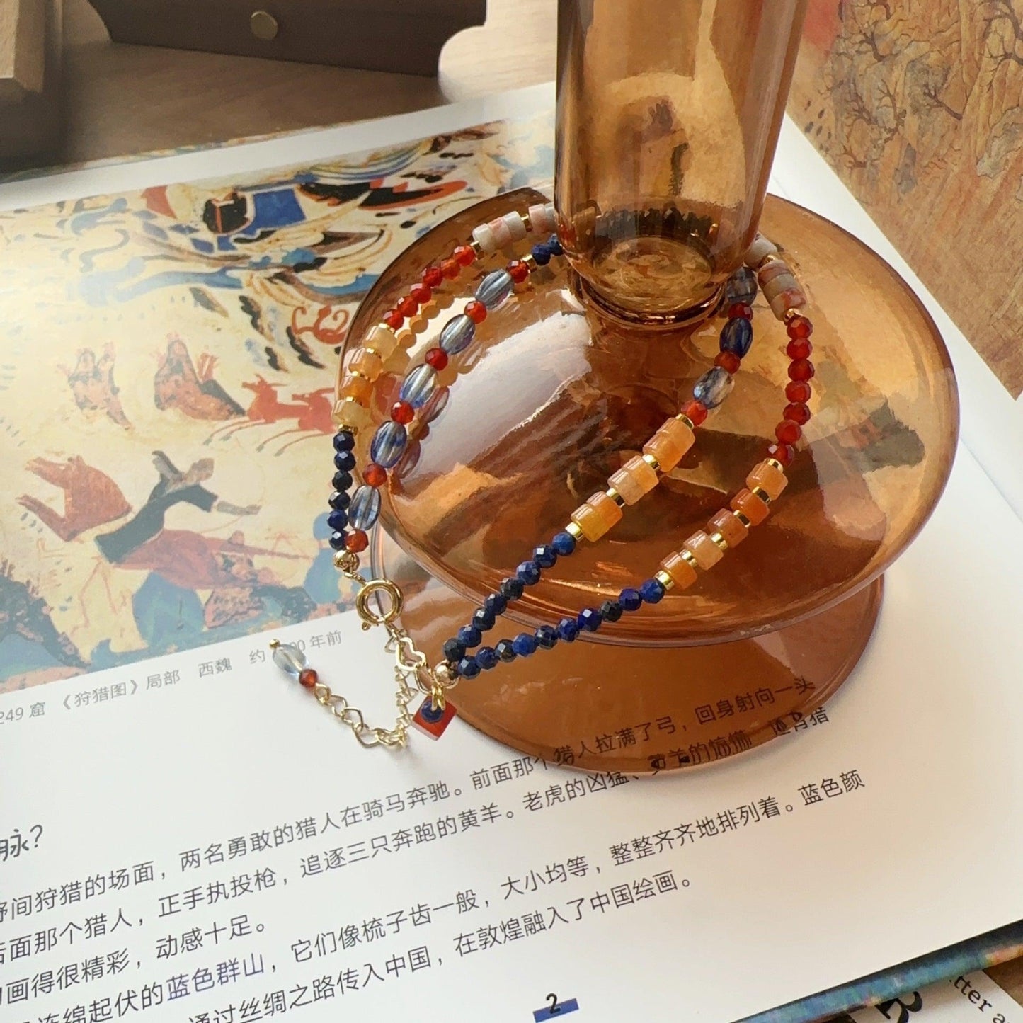 Dunhuang Series Orange Garnet, Lapis Lazuli & Blue Crystal Double Layer Ink-Wash Style Bracelet & Necklace – Natural Stone Beaded Jewelry