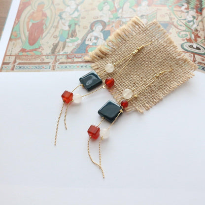 Elegant Blue Ceramic Beads with 7A Grade Red Agate and White Jade Long Tassel Vintage Earrings