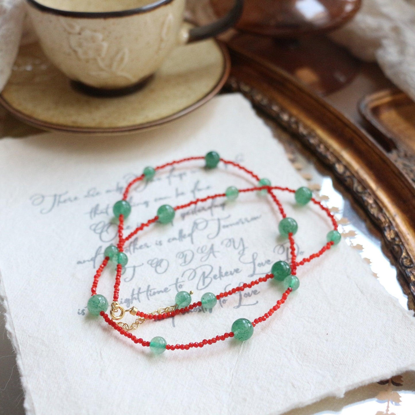 Green Strawberry Crystal Color Block Necklace & Natural Stone Bead Choker