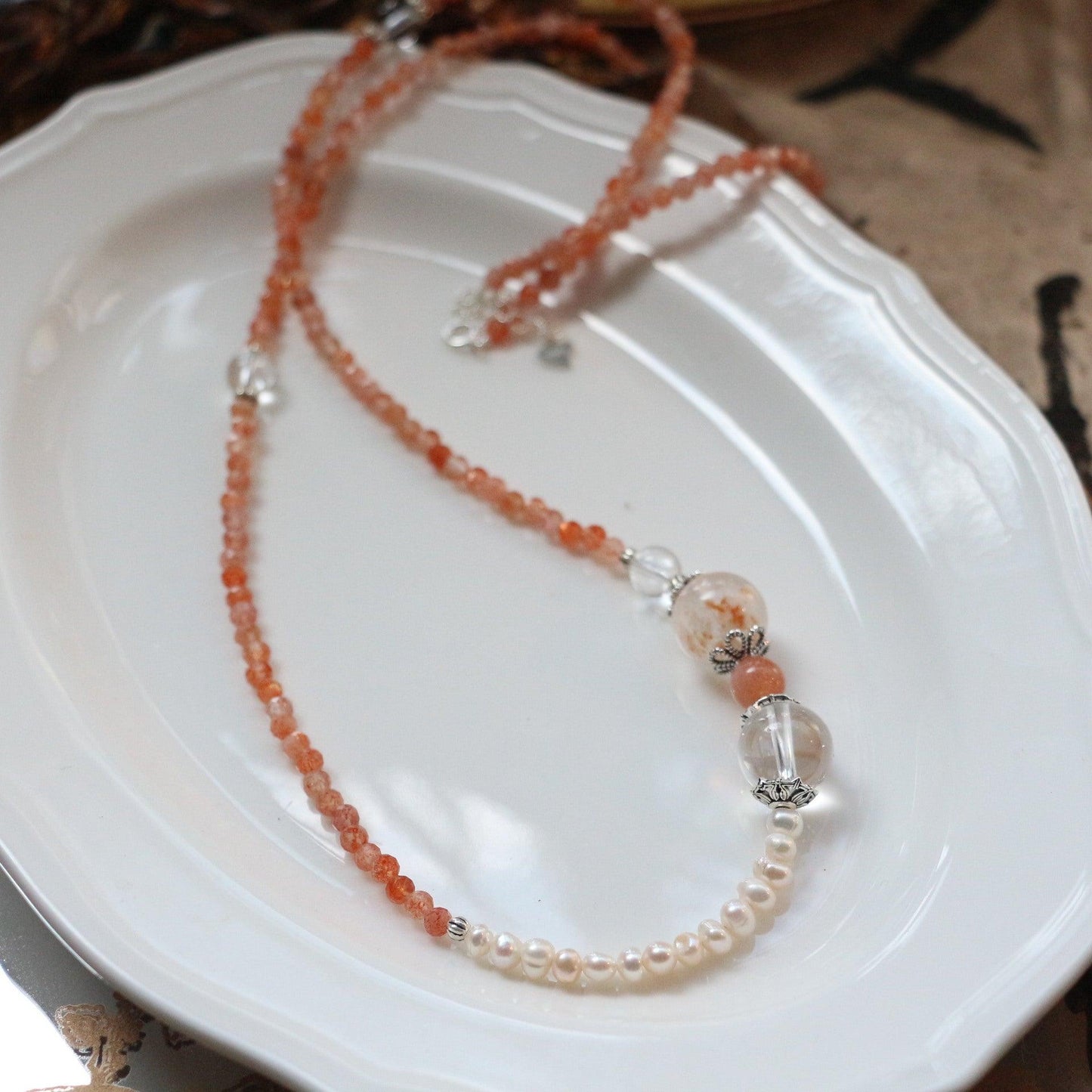 Vintage Natural Sunstone & White Crystal Beaded Necklace – S925 Sterling Silver, Freshwater Pearls, Long Sweater Chain