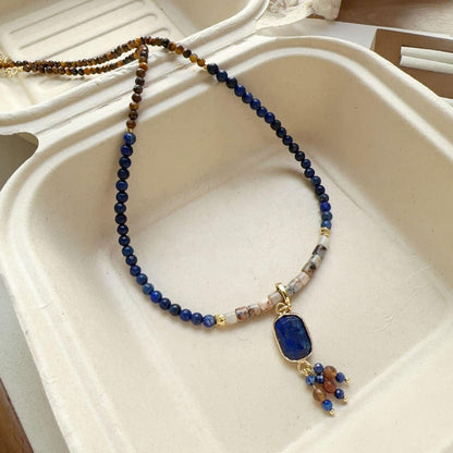 Lapis Lazuli Tiger Eye Natural Stone Beaded Necklace