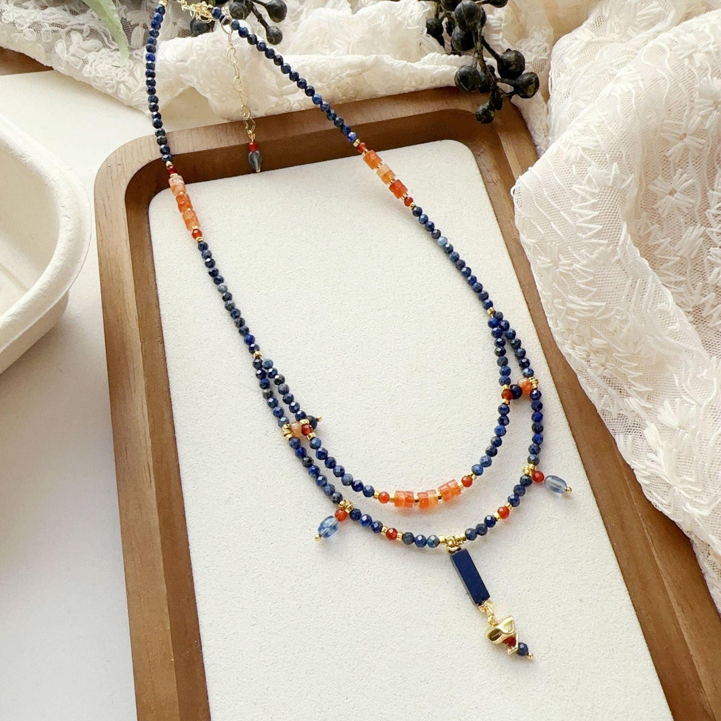 Lapis Lazuli Agate Dunhuang Double-Layer Natural Stone Beaded Necklace - Handmade Niche Design