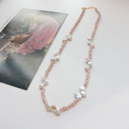 Niche Vintage Natural Stone Baroque Pink and Purple Pearl Beaded Necklace Collar Chain Necklace