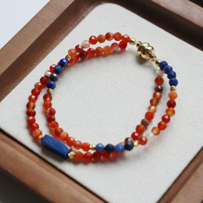 Small Gold Persimmon Pendant Bracelet – Retro Country Style with Orange Red Agate, Green, and Blue Natural Stone Beads