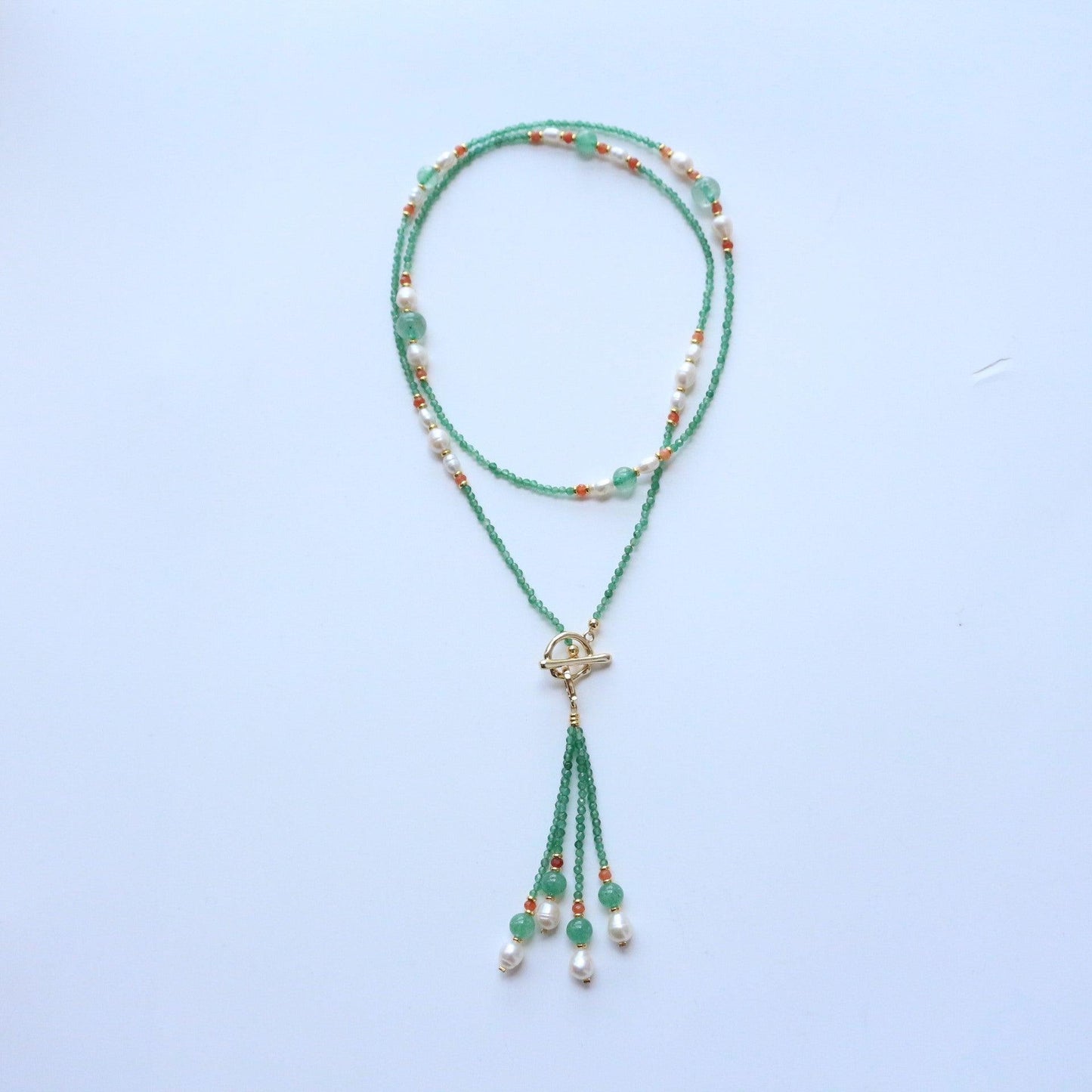 Fresh Jiangnan Green Strawberry Crystal Red Orange Agate Green Dongling Natural Stone Beaded Long Tassel Sweater Necklace