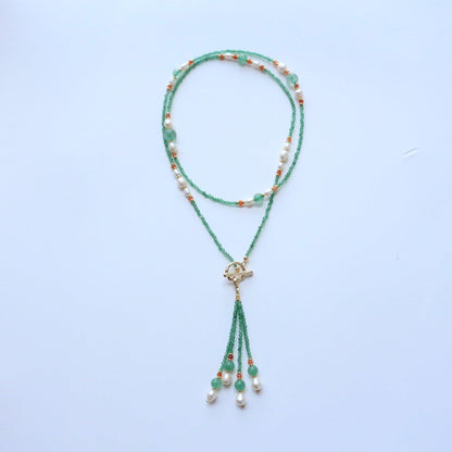 Fresh Jiangnan Green Strawberry Crystal Red Orange Agate Green Dongling Natural Stone Beaded Long Tassel Sweater Necklace