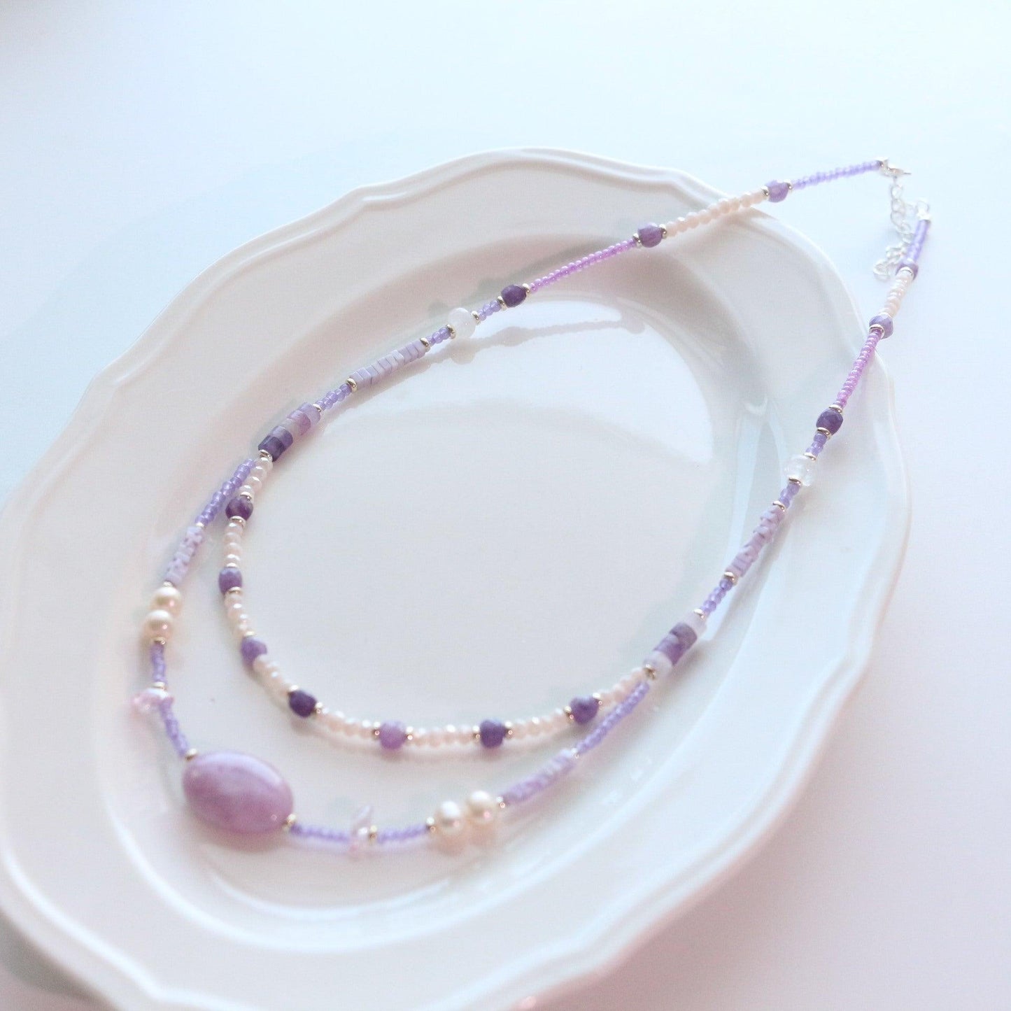 Purple Crystal Jade Agate Natural Stone Necklace – Handmade Beaded Double Layer Necklace with Pearl, Sweater Chain & Collarbone Chain