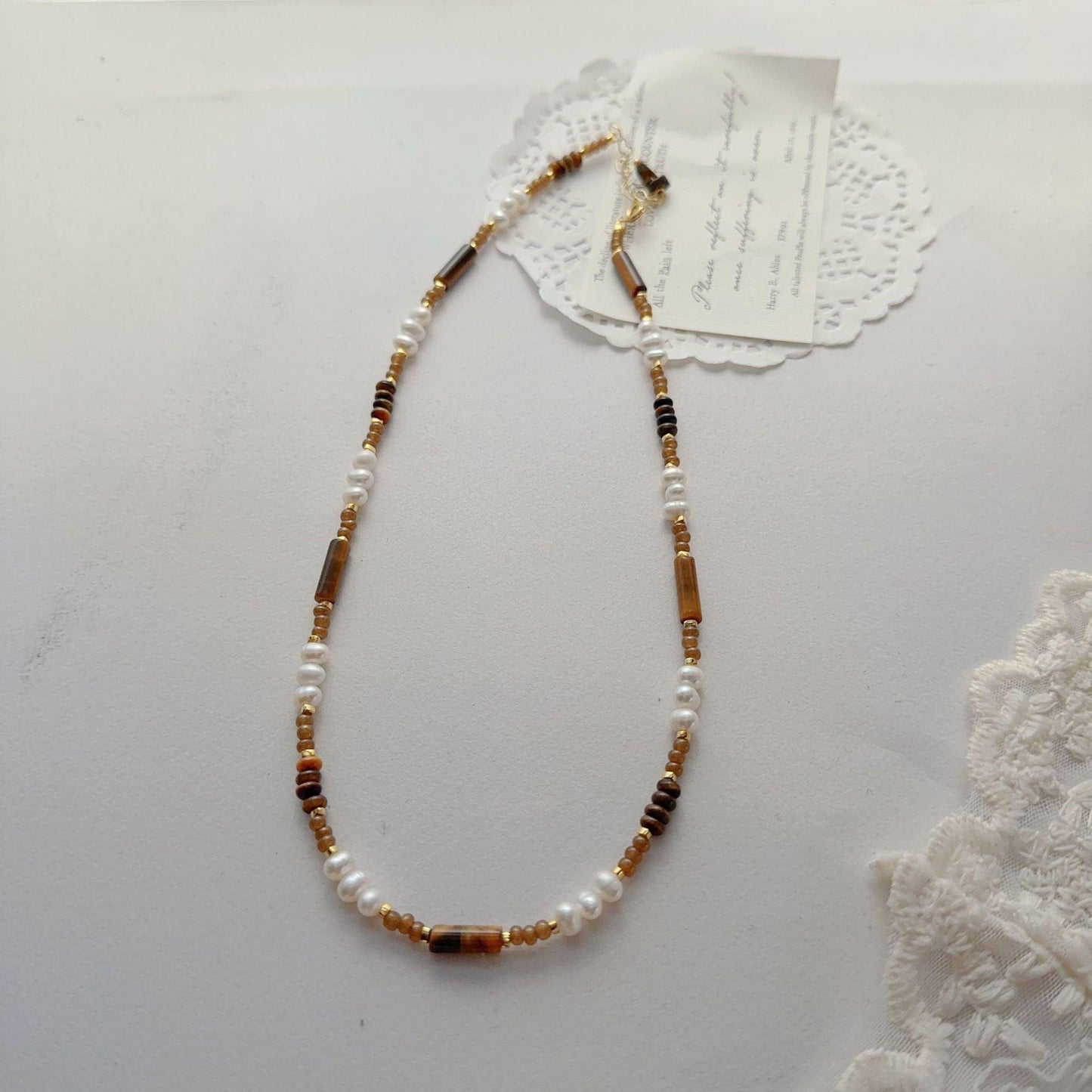 Tiger Eye & Malard Brown Coffee Natural Stone Beaded Necklace – Handcrafted Original Niche Accessory