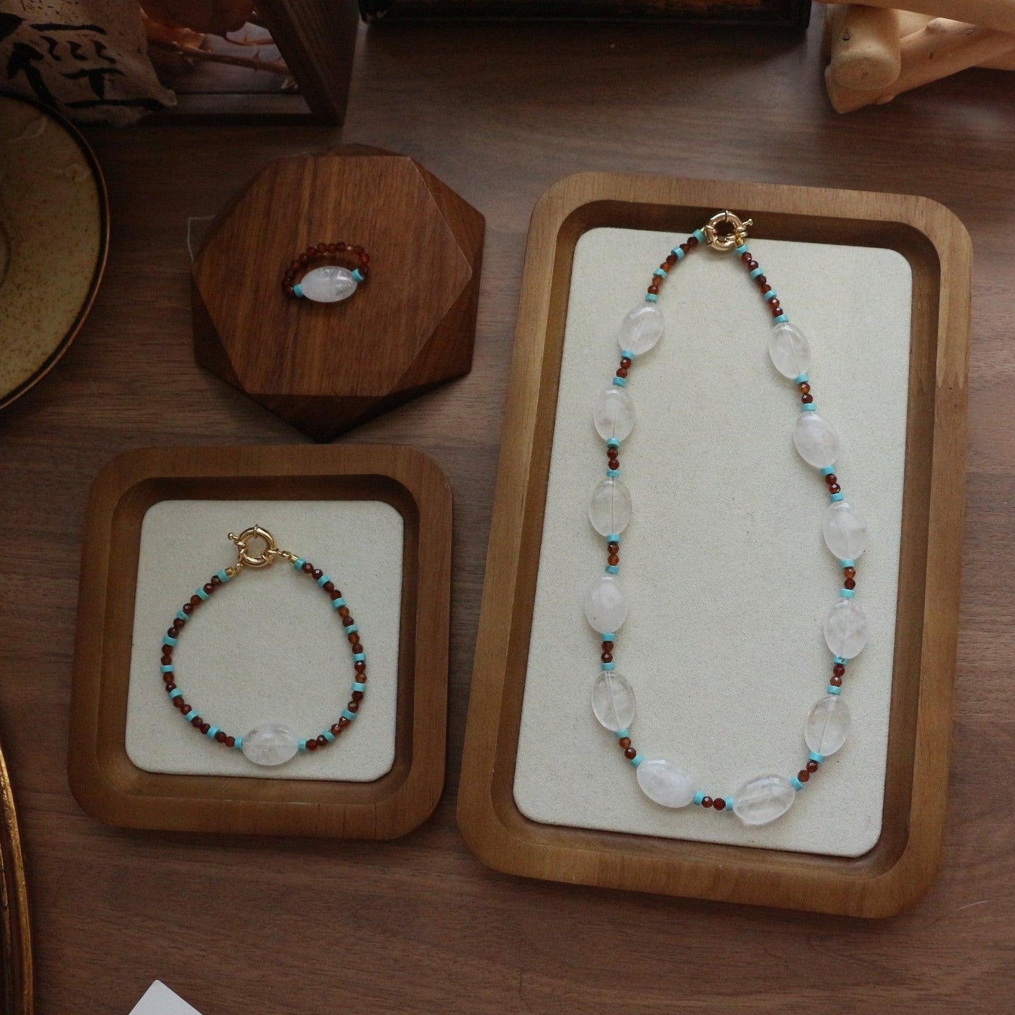 Oval White Crystal Natural Turquoise Beaded Handmade Necklace Ring Bracelet Set