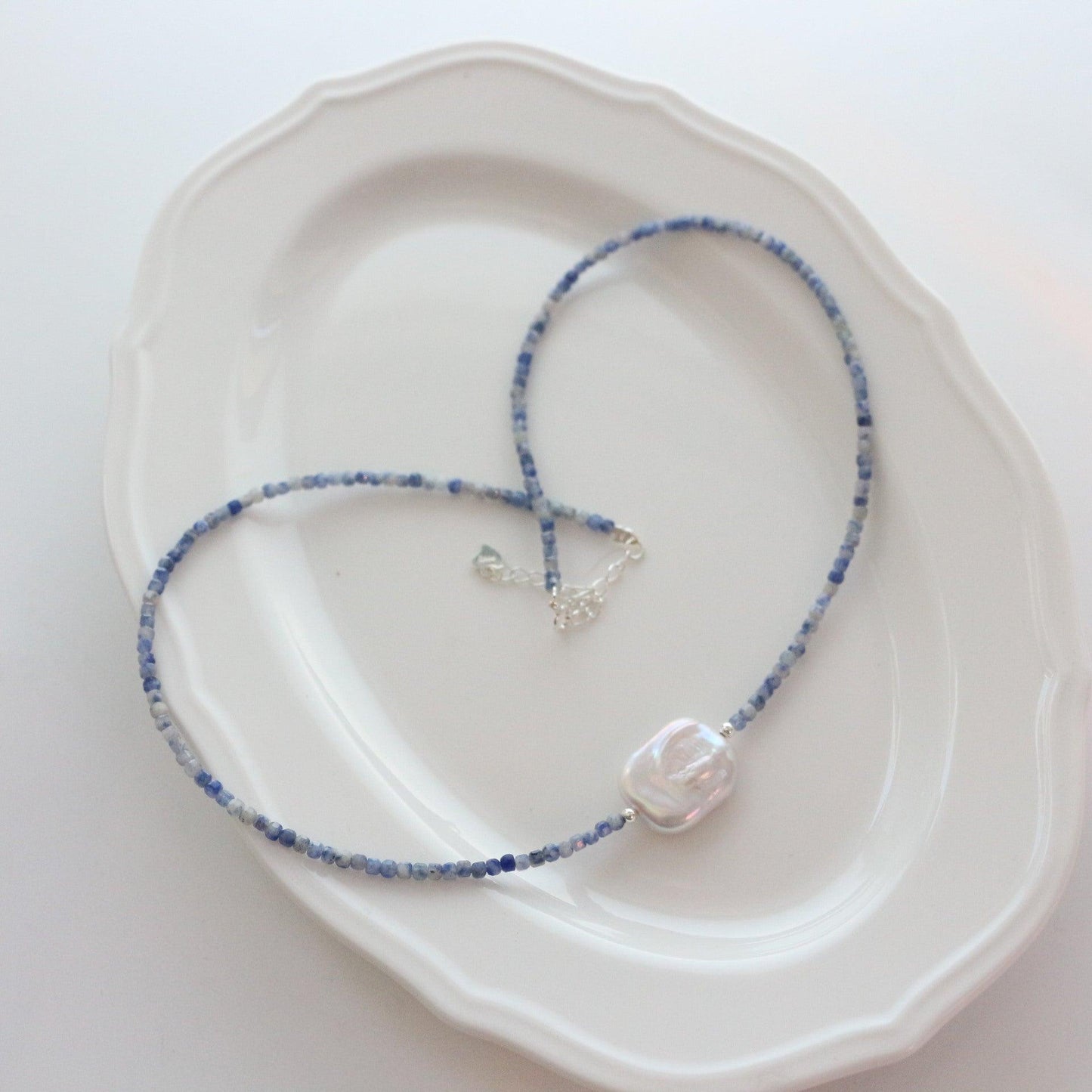 Handcrafted Blue Lace Agate Beaded Necklace with Natural Freshwater Pearl Bracelet in 925 Silver