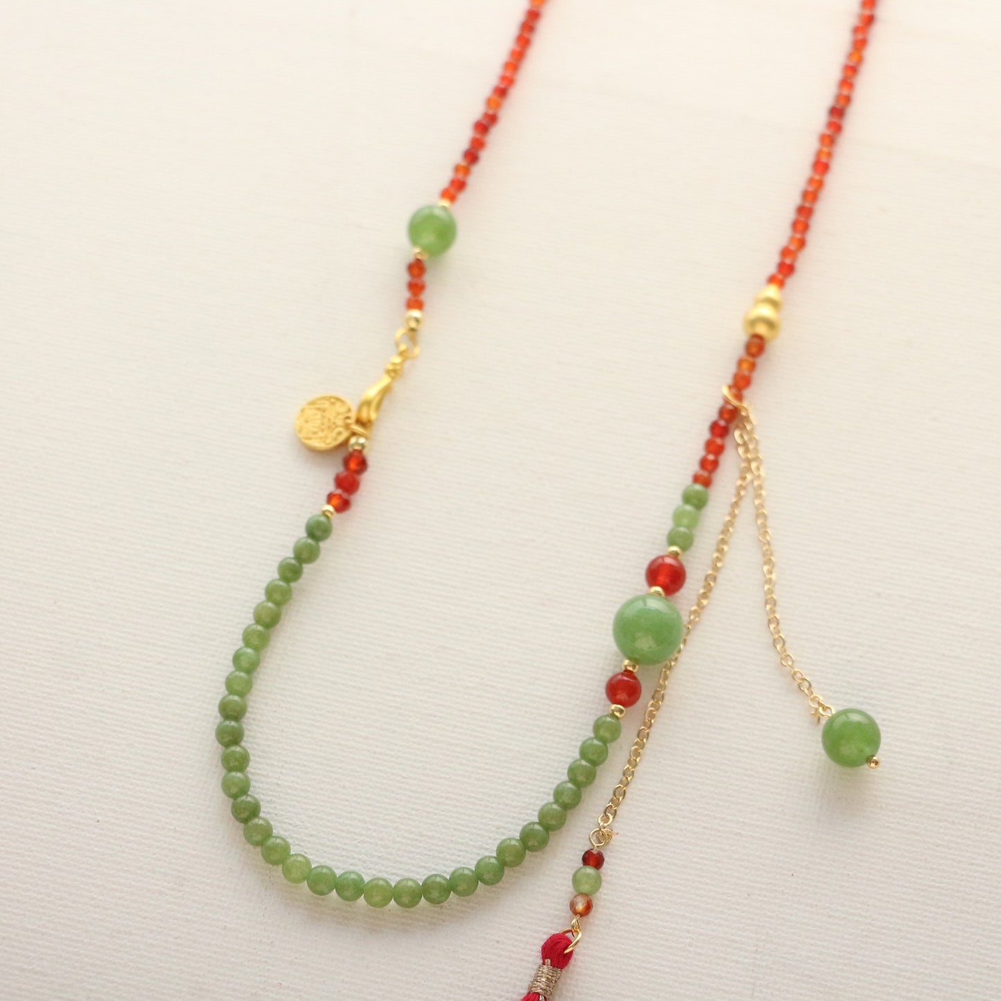 Beaded Necklace with Contrasting Red Agate and Green Chalcedony Tassels - Fringed Lapel Necklace