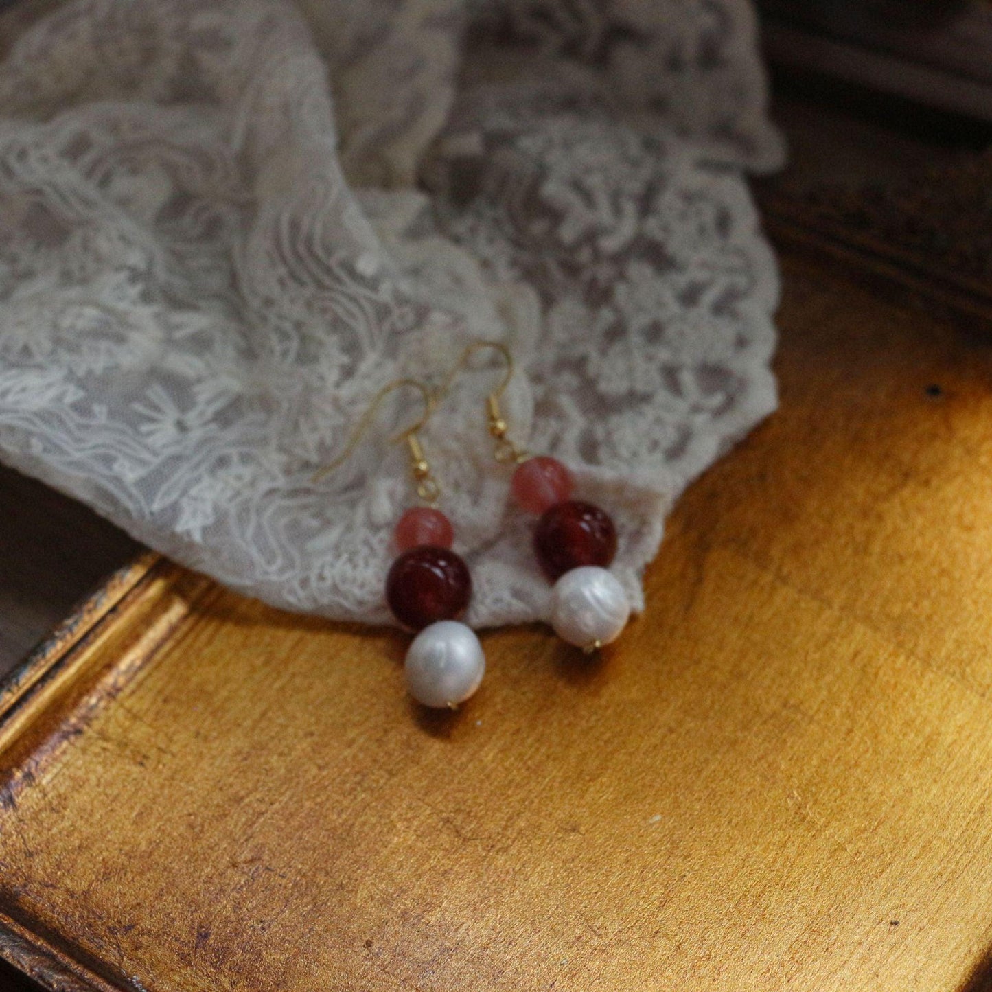 Freshwater Natural Pearl Ear Hooks | Minimalist Red Agate Handmade Earrings