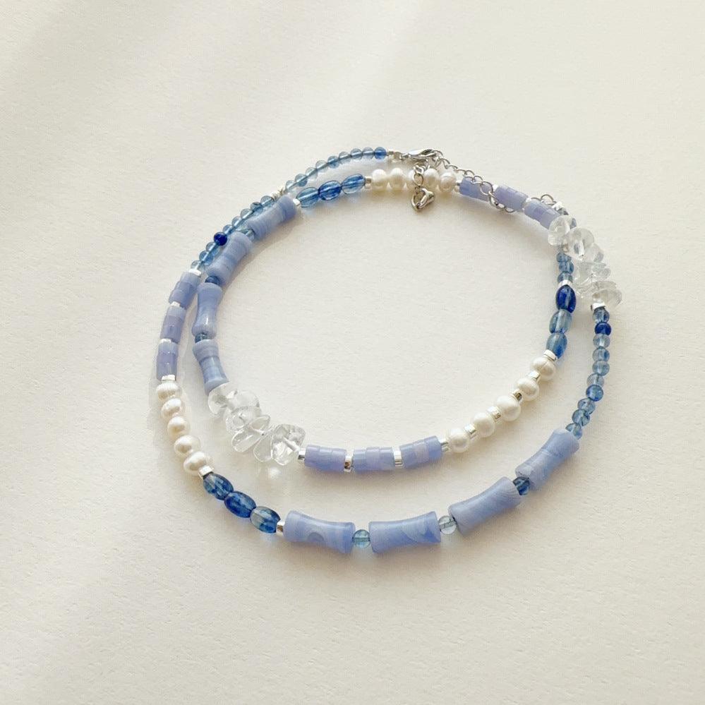 Light Blue Natural Stone Beaded Necklace Handmade Original Niche Jewelry Ink Wind Necklace