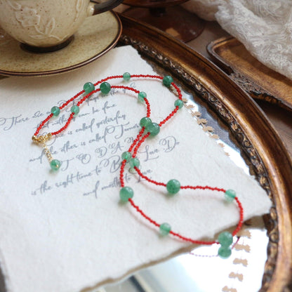 Green Strawberry Crystal Color Block Necklace & Natural Stone Bead Choker