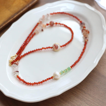 Red Agate Beaded & Freshwater Pearl Long Sweater Necklace – Elegant Natural Stone Jewelry