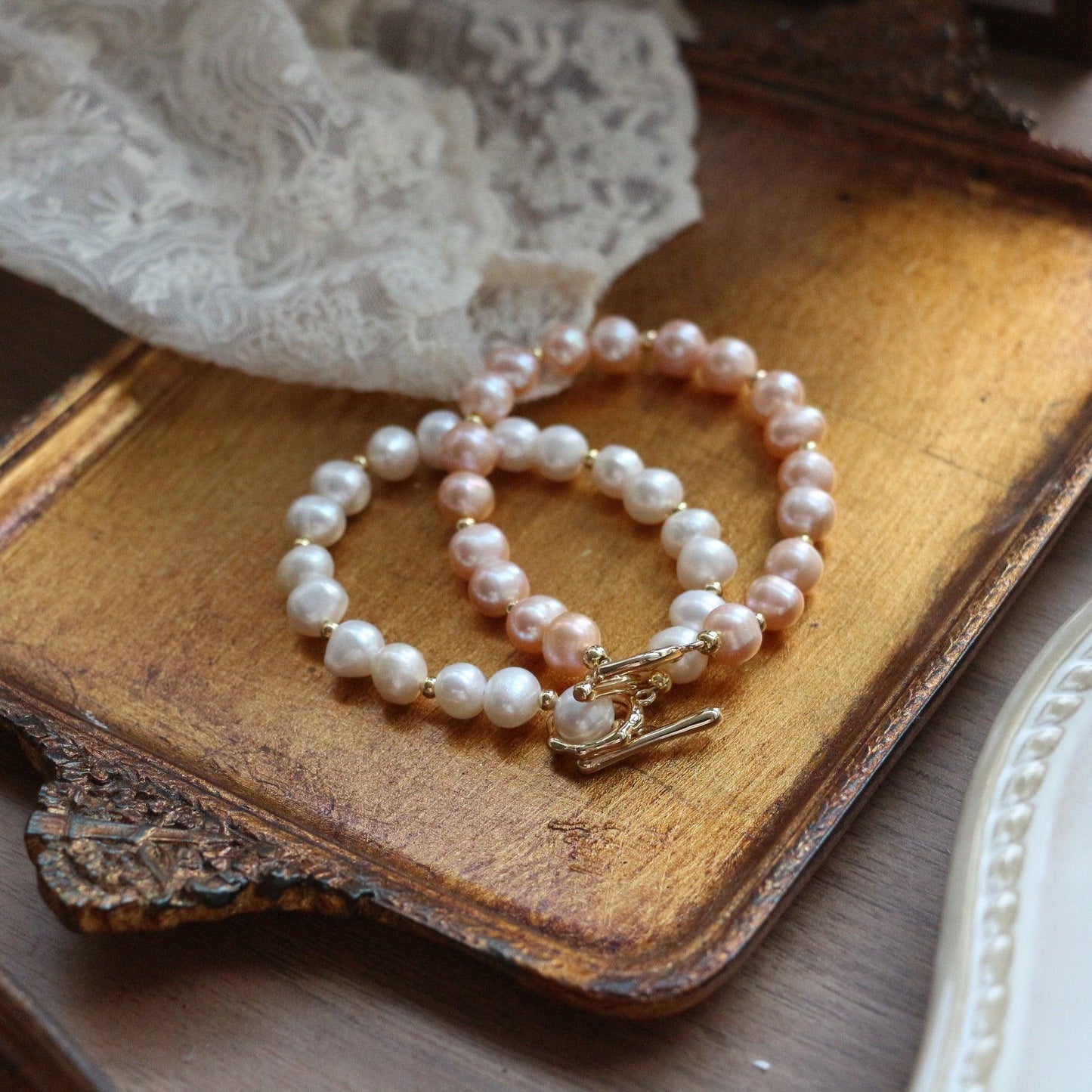 Gentle Pink Freshwater Natural Pearl Bracelet - Unique White Design