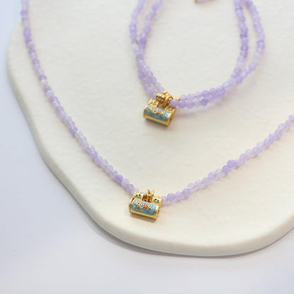 Cool Purple Jade Enamel Colorful Lock Pendant - Versatile Necklace with Original Design and Natural Stone Beads, Handmade