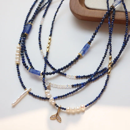 Natural Stone Blue Crystal & Lapis Lazuli Short Necklace – Unique Beaded Necklace for Elegant Style