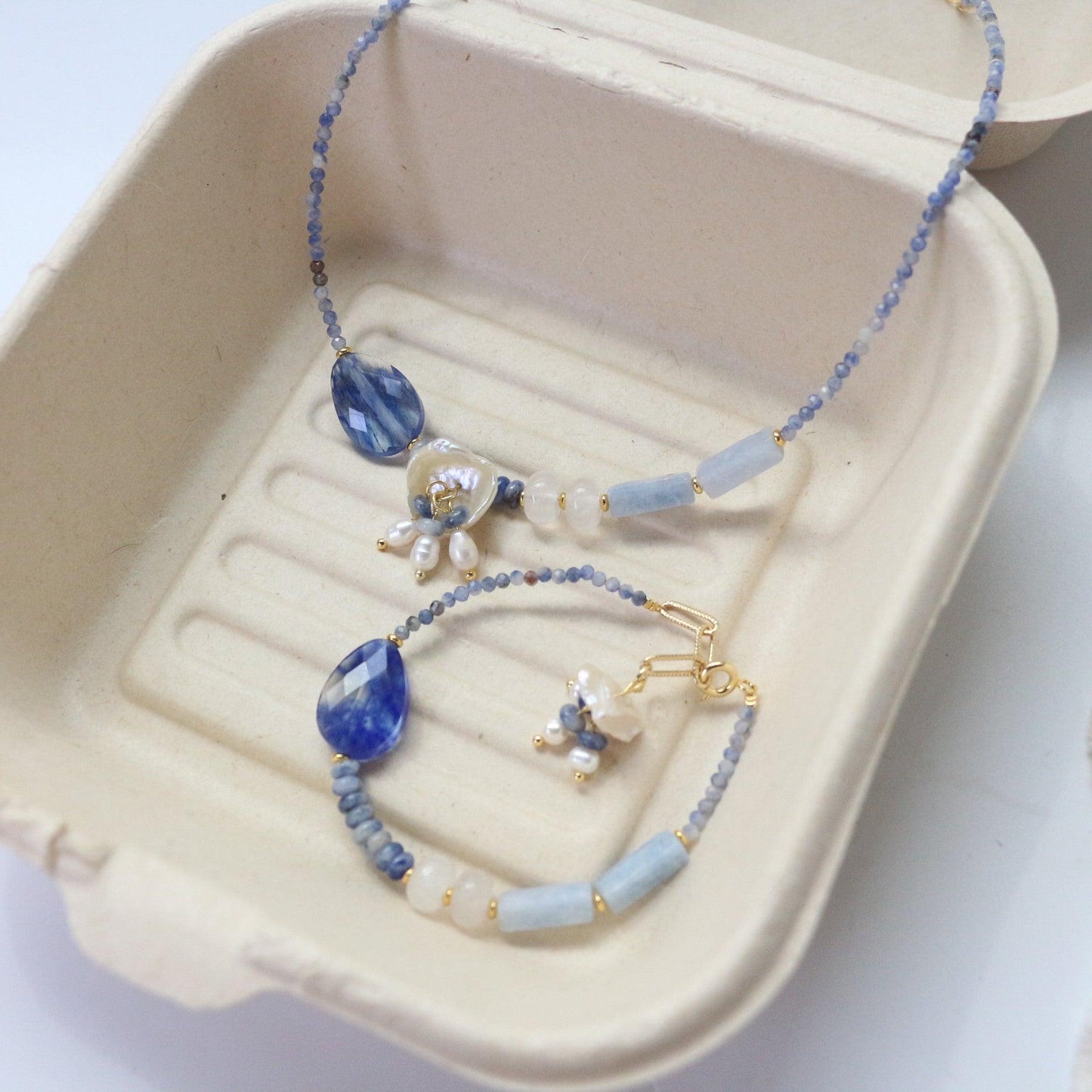 Vintage Jiangnan Blue Handmade Beaded Necklace and Bracelet Set