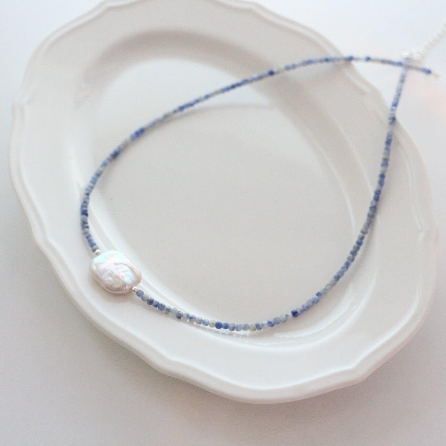 Handcrafted Blue Lace Agate Beaded Necklace with Natural Freshwater Pearl Bracelet in 925 Silver