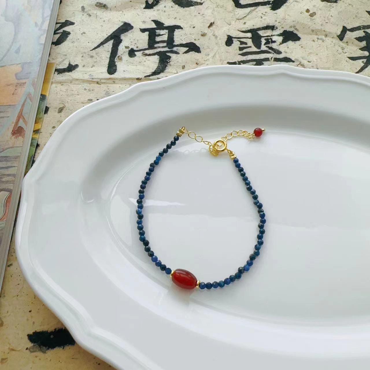 New Chinese Ethnic Style Lapis Lazuli & Yellow Crystal Bracelet – Dunhuang Style Red Agate Beaded Ring