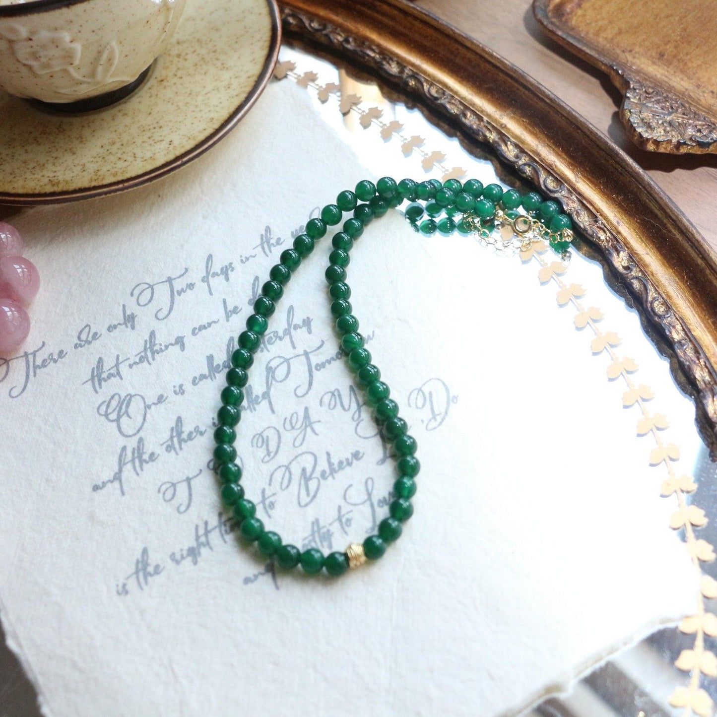 New Chinese Natural Green Agate Chalcedony Beaded Necklace | Niche Design Jewelry