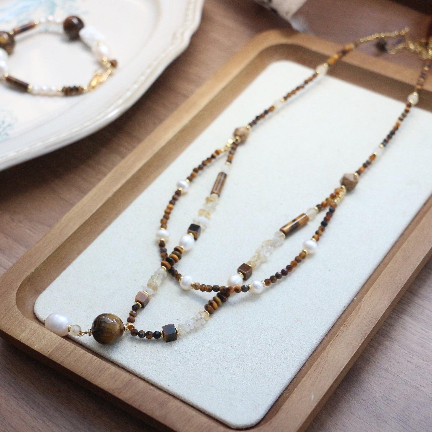 Murad Natural Tiger's Eye & Citrine Beaded Necklace – Double Layer Collarbone Chain with Vintage Freshwater Pearl Pendant