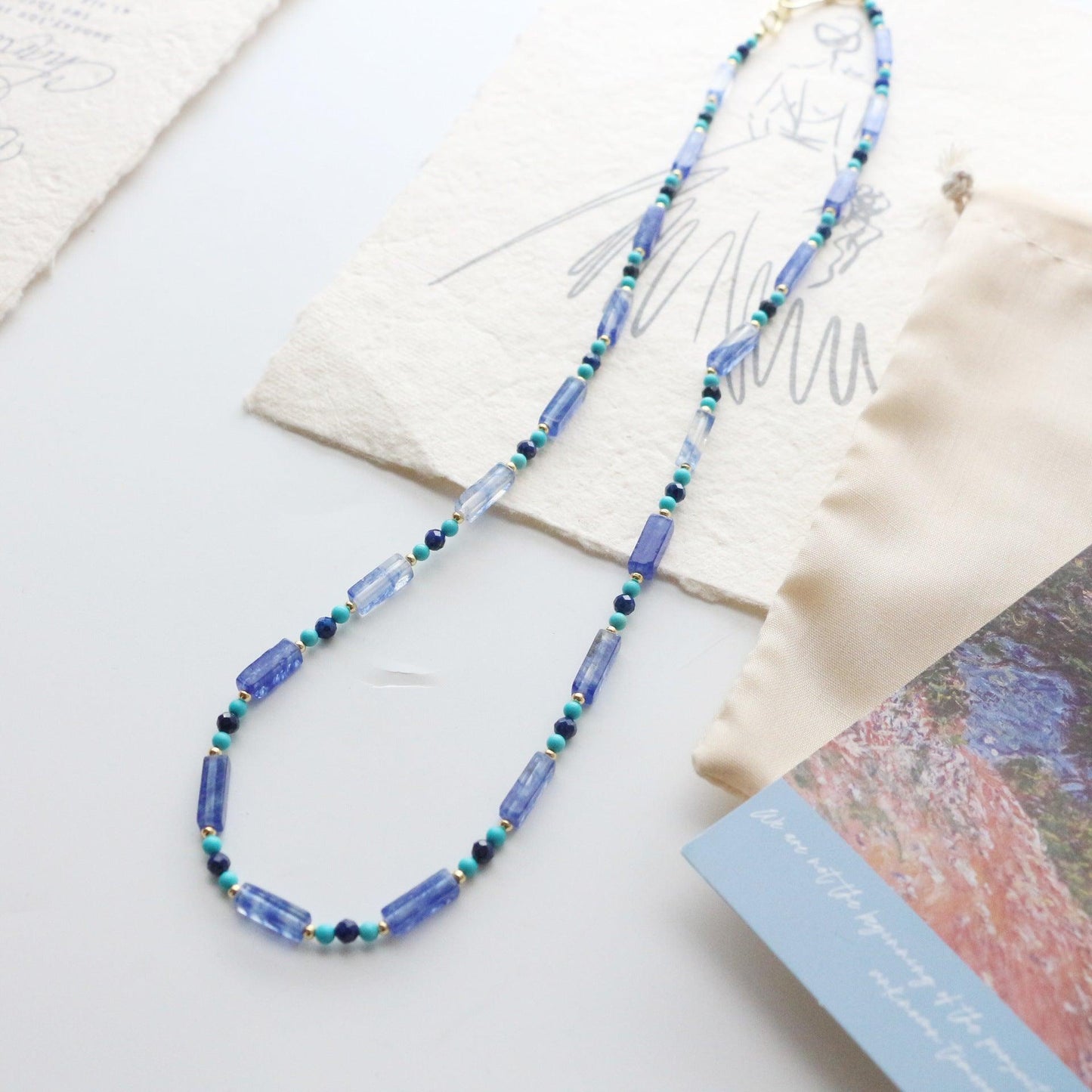 Vintage Turquoise & Crystal Blue Natural Stone Long Necklace – Cuban Style