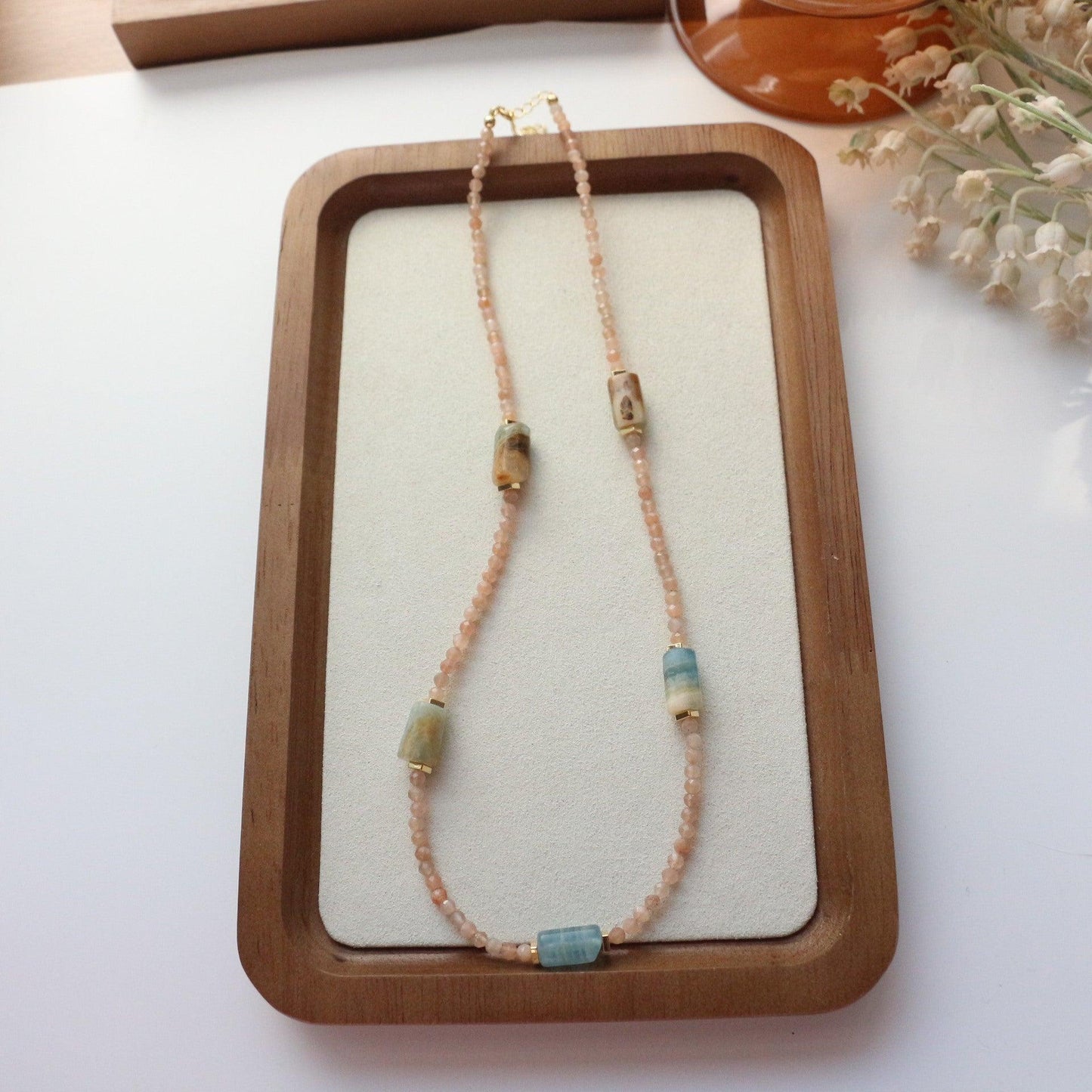 Aquamarine Blue Calcite & Sunstone Double Layers Necklace & Bracelet – Natural Stone Beaded Jewelry