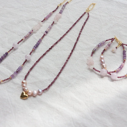 New Amethyst Lilac Stone Series Natural Bead Necklace, Bracelet & Wrist Mala Set