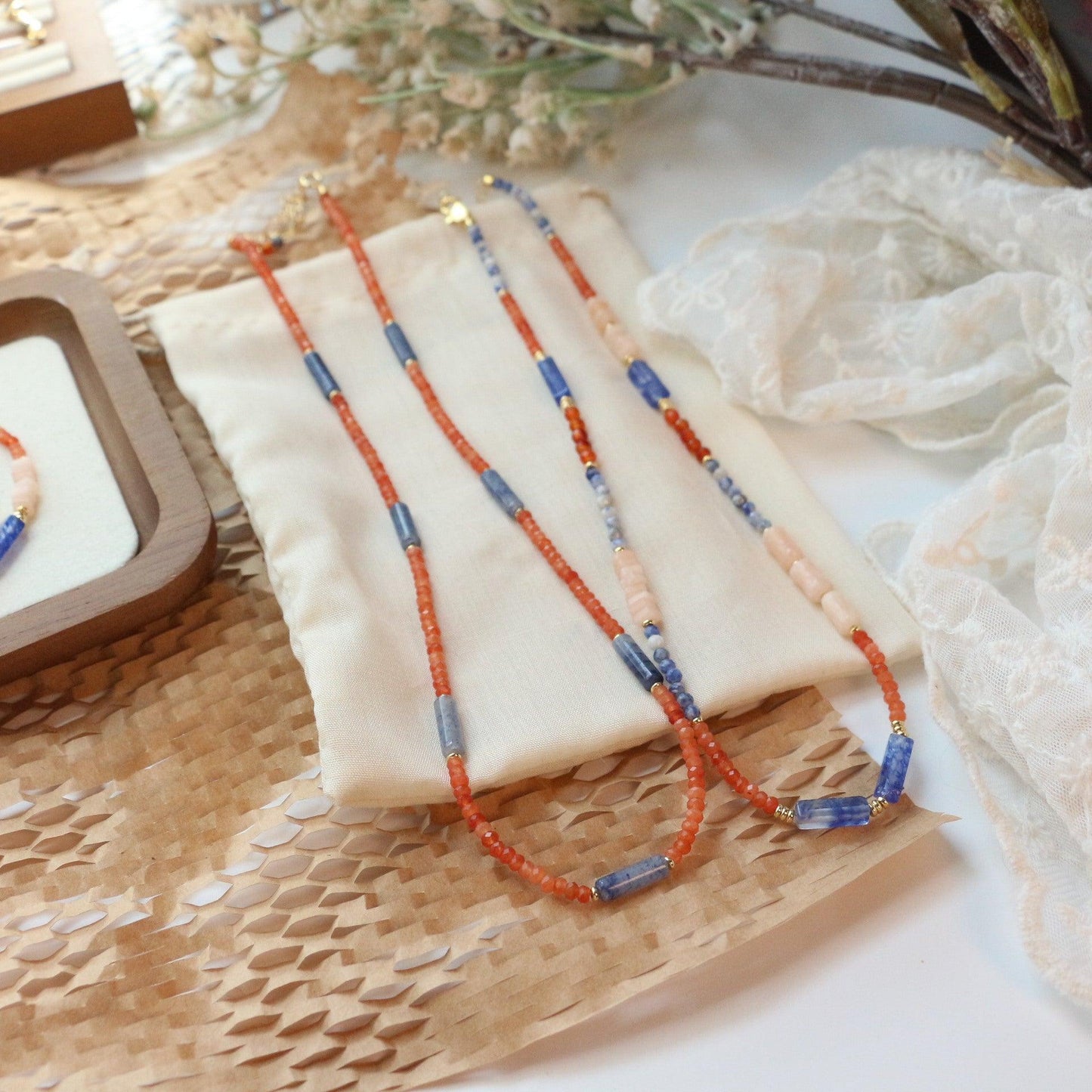 Orange-Blue Color Block Beaded Necklace | New Chinese Style