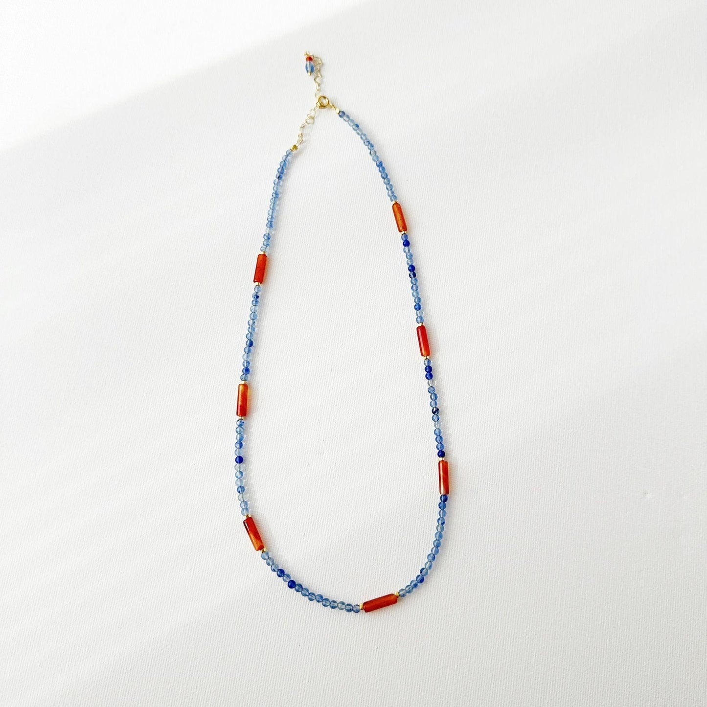 Natural Stone Beaded Necklace - Handmade Original in Blue and Orange Watercolor Mountain Style