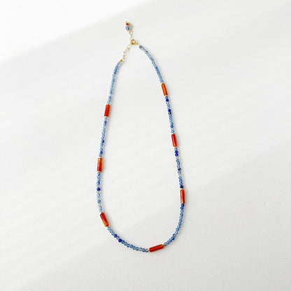 Natural Stone Beaded Necklace - Handmade Original in Blue and Orange Watercolor Mountain Style