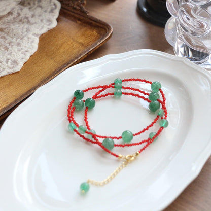 Green Strawberry Crystal Color Block Necklace & Natural Stone Bead Choker