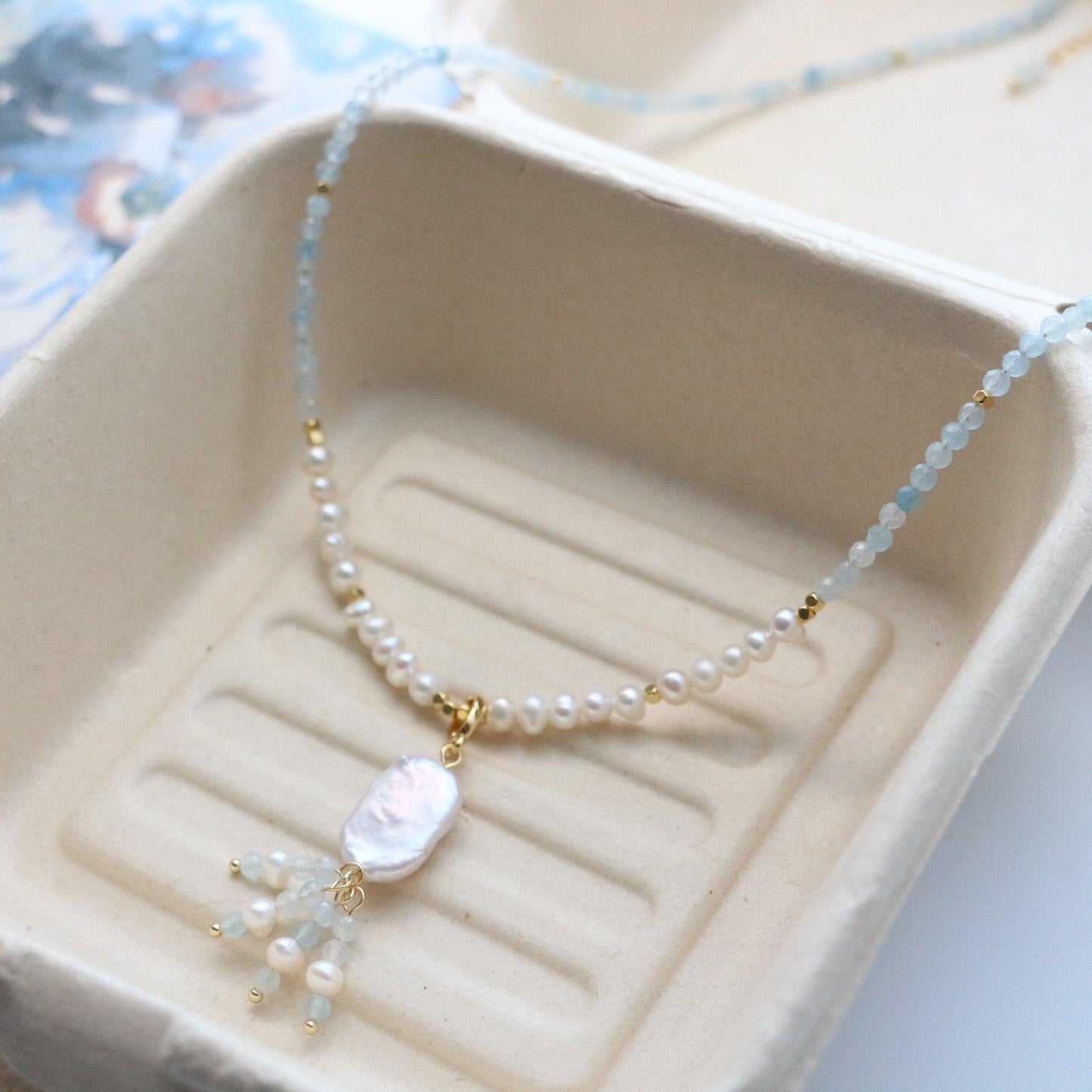 New Natural Blue Crystal Beaded Necklace for Women - Minimalist Choker with Freshwater Pearls