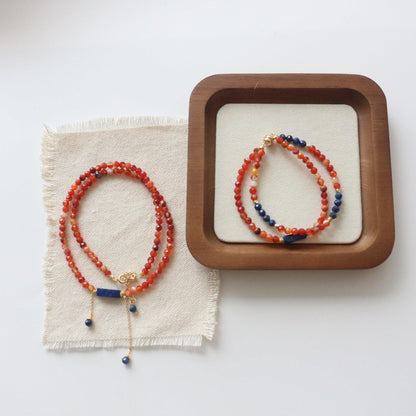 Red Orange Agate & Lapis Lazuli Pendant Necklace – Dunhuang Beaded Bracelet Series in Blue & Orange Color Scheme