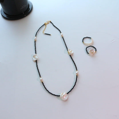 Simple Sweet Cool Style Natural Stone Black Spinel Beaded Fine Necklace Flower Pearl Ring Collarbone Chain