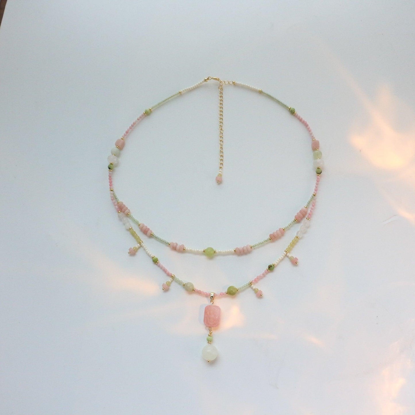 Pink Opal & White Crystal Shaflay Glaze Jade Necklace Bracelet Set – Double Layer Palace Style Natural Stone Pendant