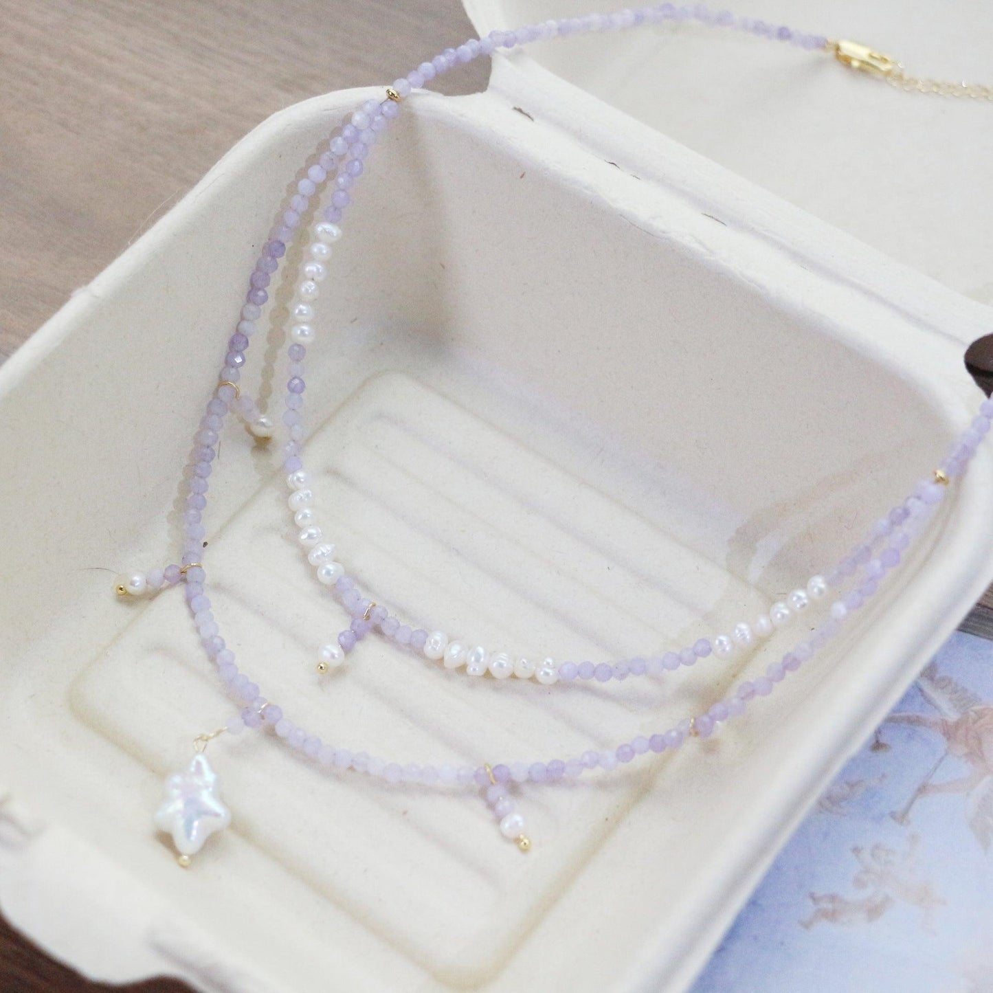 Purple Jade Double Layer Necklace with Natural Freshwater Pearls | Star Pendant Bracelet Ring Set