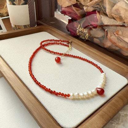 Elegant Red Agate Beaded Necklace – Timeless and Sophisticated Jewelry