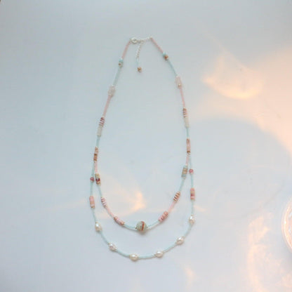 Pink Striped Stone White Jade Shell Bead Necklace – Elegant Handmade Jewelry