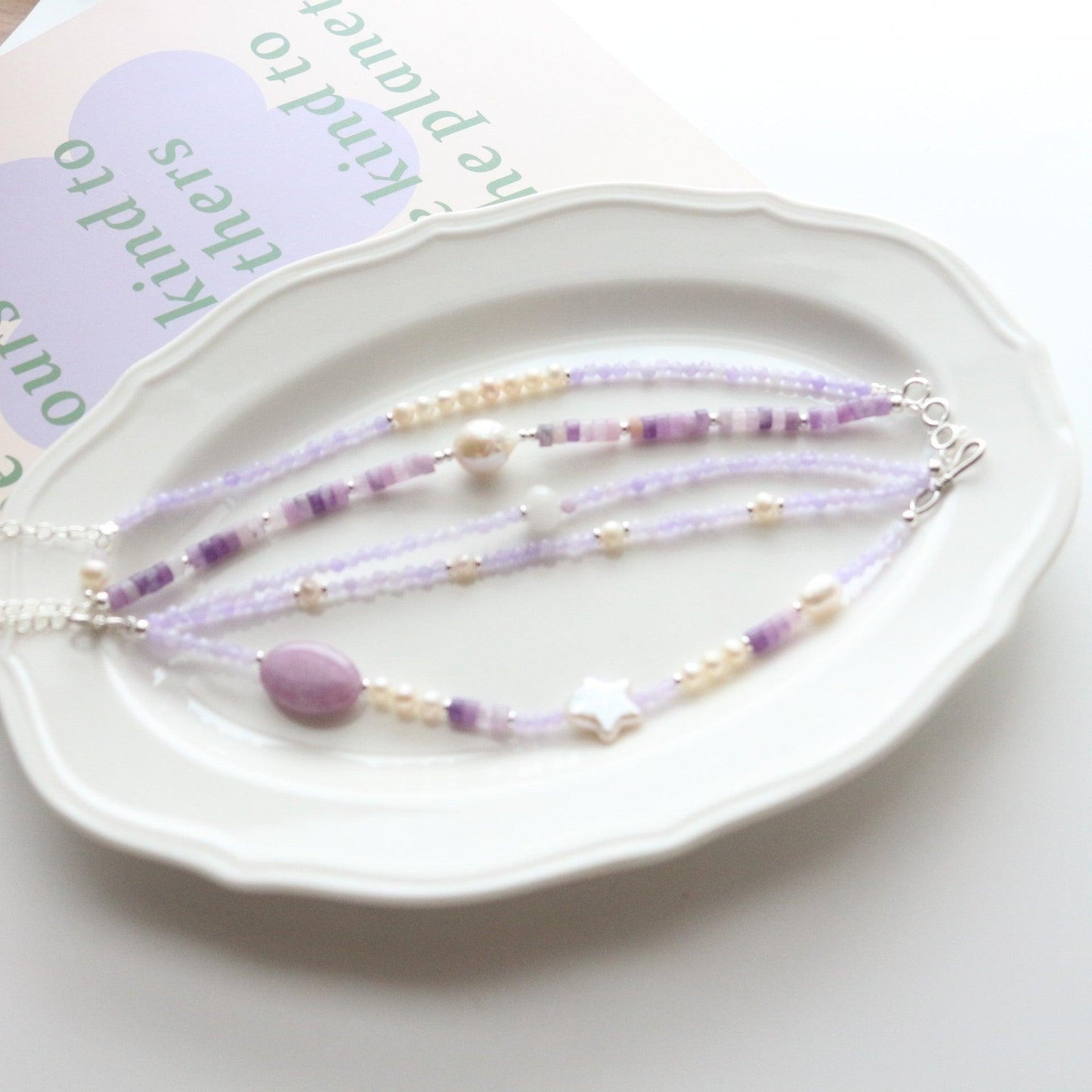 New Amethyst Lilac Stone Series Natural Bead Necklace, Bracelet & Wrist Mala Set